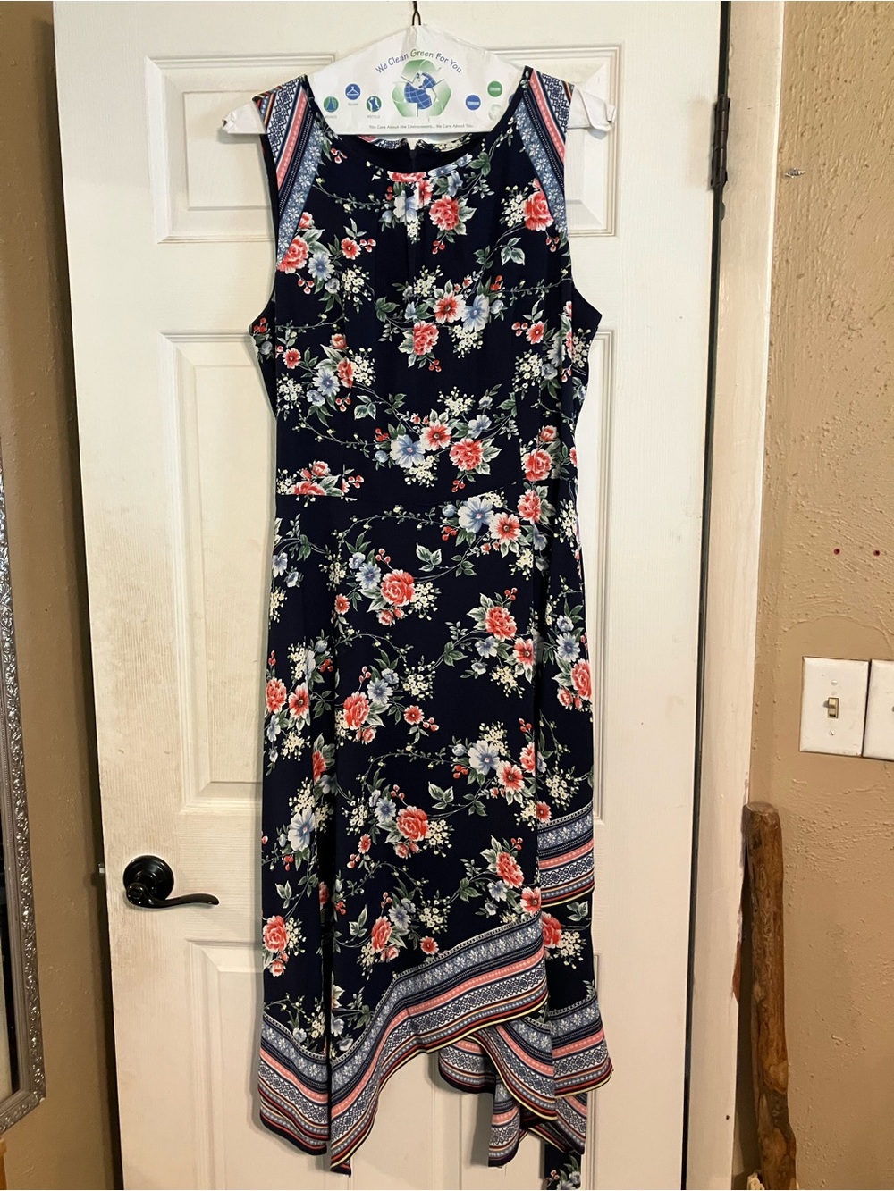 Navy Blue Floral High-Low Dress R&K Sleeveless Border Accent Size 14⁠